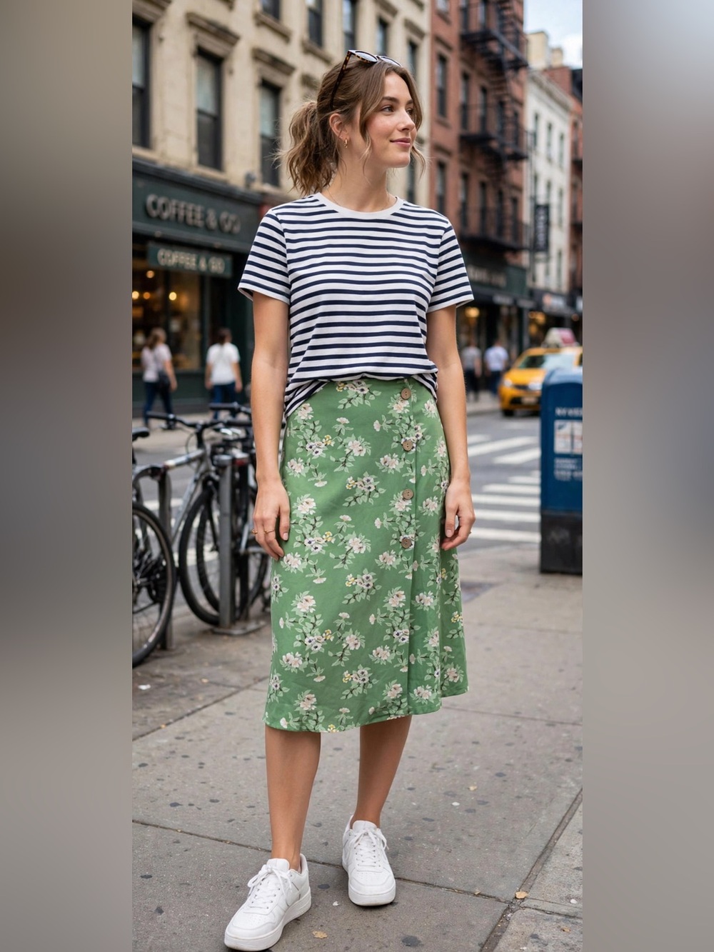 Floral Side Button-Front Green Midi Skirt